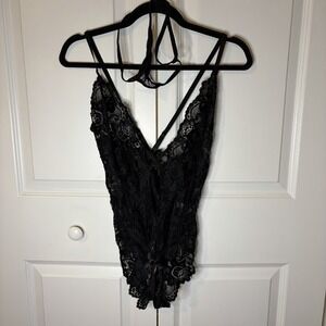 NWT Aranmei Sexy Lingerie Lace Teddy Bodysuit Deep V Matching Thong Women's Sz M